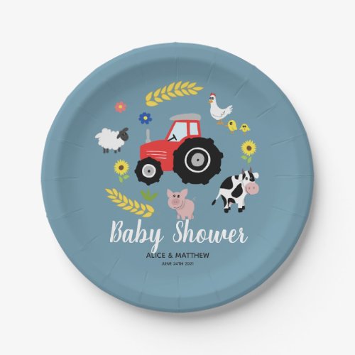 Boys Cute Farm Animals and Red Tractor Baby Shower Paper Plates