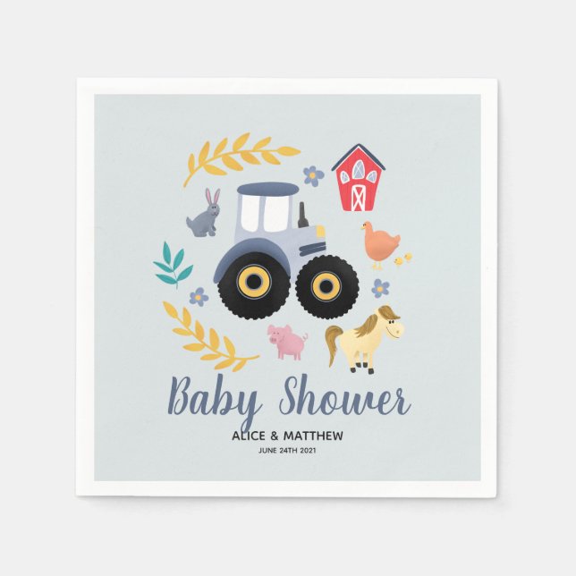 Boys Cute Farm Animals & Blue Tractor Baby Shower Napkins (Front)