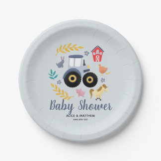 Boys Cute Farm Animals & Blue Tractor Baby Shower Paper Plates