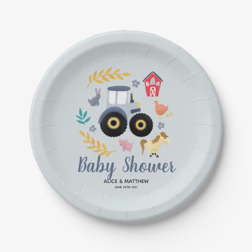 Boys Cute Farm Animals  Blue Tractor Baby Shower Paper Plates