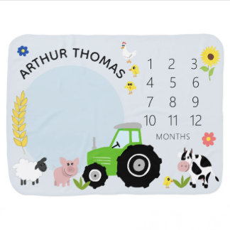 Boys Cute Farm Animals Green Tractor Milestone Baby Blanket