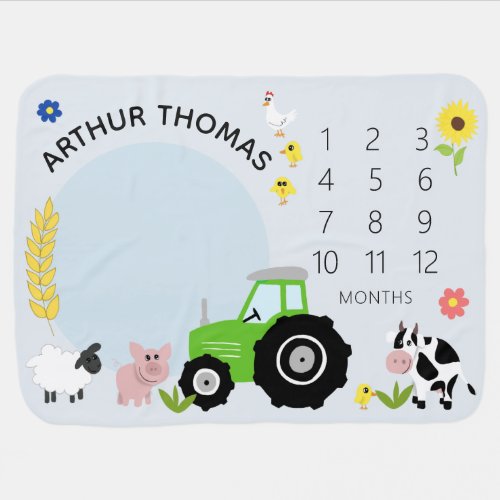 Boys Cute Farm Animals Green Tractor Milestone Baby Blanket