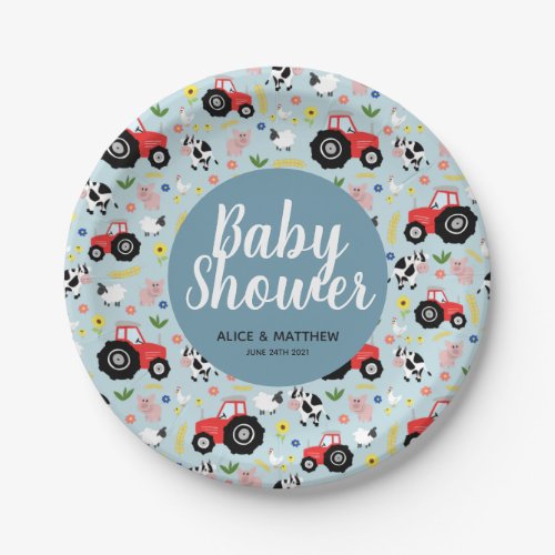 Boys Cute Farm Animals Tractor Baby Shower Paper Plates