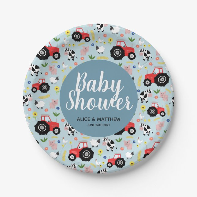 Boys Cute Farm Animals Tractor Baby Shower Paper Plates (Front)
