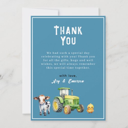 Boys Cute Farm Animals Tractor Baby Shower Thank You Card