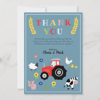 Boys Cute Farm Animals Tractor Baby Shower Thank You Card