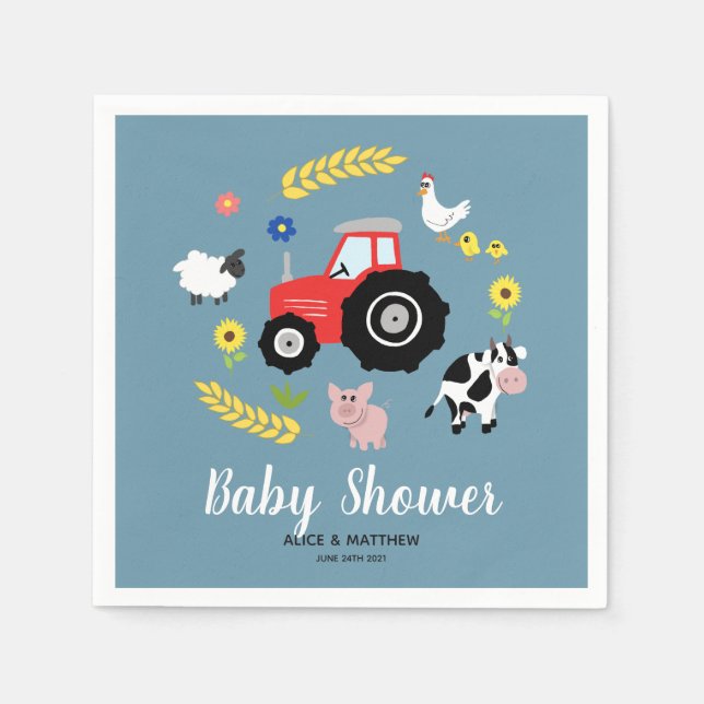 Boys Cute Farm Animals Tractor Cartoon Baby Shower Napkins (Front)