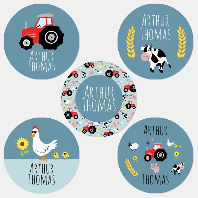 Boys Cute Farm Animals Tractor Cartoon Name School Kids' Labels (Group)