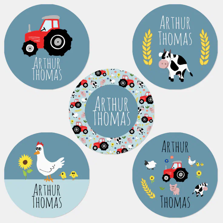 Boys Cute Farm Animals Tractor Cartoon Name School Kids' Labels | Zazzle