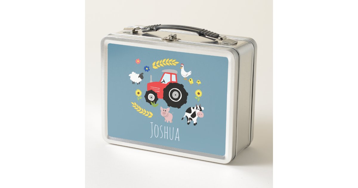 Boys Cute Farm Tractor and Animals Toddler Kids Metal Lunch Box