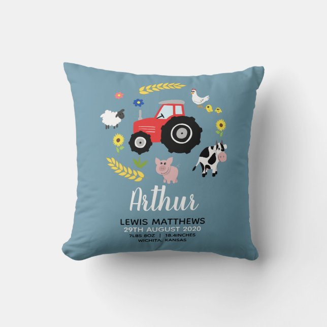 Boys Cute Farm Tractor Birth Stats Kids Nursery Throw Pillow (Front)