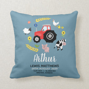 Boys Cute Farm Tractor Birth Stats Kids Nursery Throw Pillow