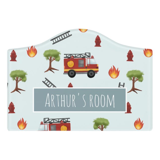 Boys Cute Fire Engine Cartoon Kids Nursery Door Sign (Small Crest Front)