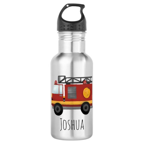 Boys Cute Fire Engine Truck and Name Stainless Steel Water Bottle