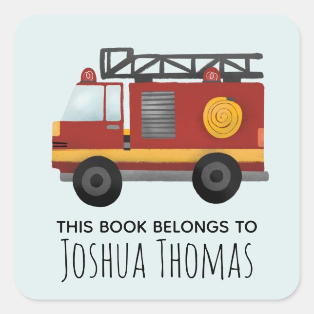 Boys Cute Fire Engine Truck Kids Bookplate (Front)