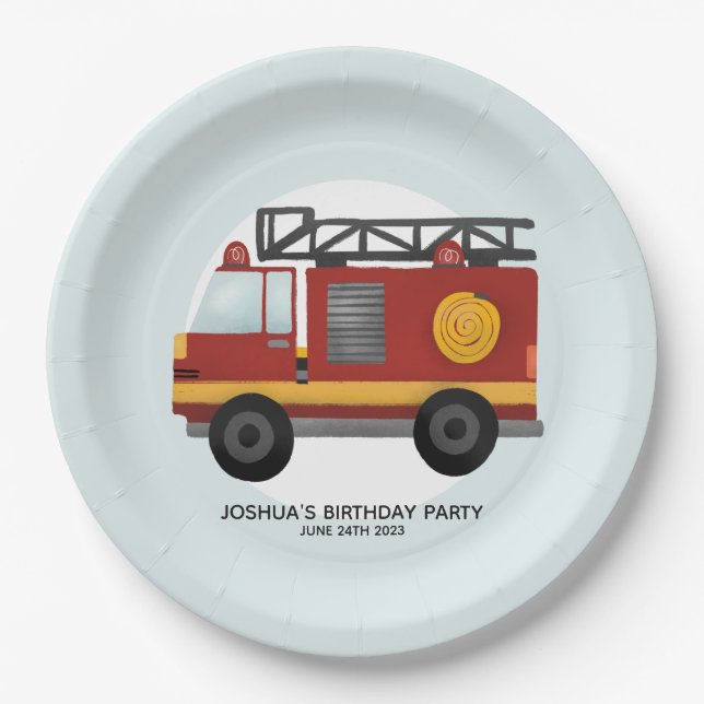 Boys Cute Fire Engine Truck Toddler Happy Birthday Paper Plates (Front)