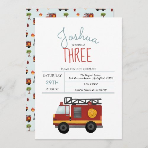 Boys Cute Fireman Fire Engine Toddler Birthday Invitation