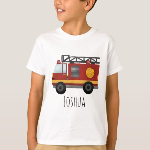 Boys Cute Fireman Fire Engine Truck and Name T_Shirt