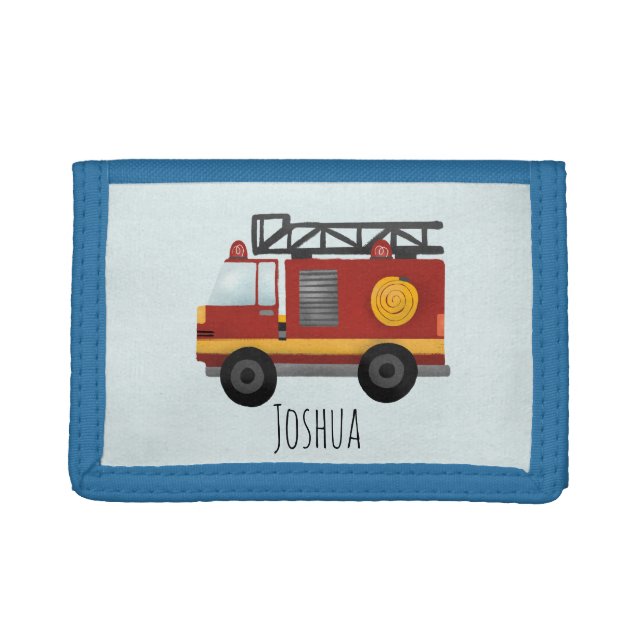 Boys Cute Fireman Fire Engine Truck and Name Trifold Wallet (Front)