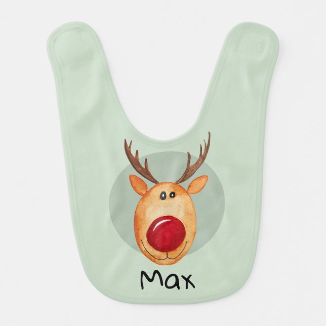 Boys Cute First Christmas Rudolph Reindeer & Name Baby Bib (Front)