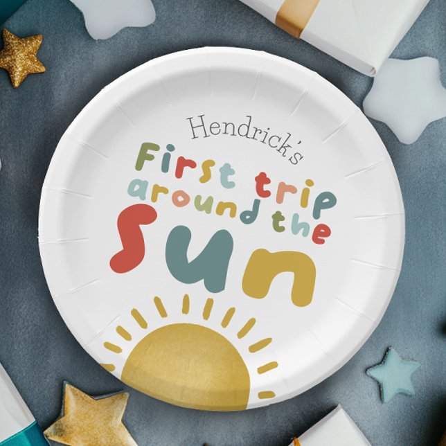 Boys Cute First Trip Around The Sun 1st Birthday Paper Plates (Creator Uploaded)