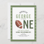 Boys Cute Football Sports Kids 1st Birthday Invitation<br><div class="desc">This modern kid's 1st birthday invitation features a green sports design, with a cute football making the 'ONE", and a matching pattern on the back. The invite can be personalized with your boy's name and other details necessary for your party. The perfect sports-themed addition to your child's first American football...</div>