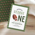 Boys Cute Football Sports Kids 1st Birthday Invitation<br><div class="desc">This modern kid's 1st birthday invitation features a green sports design, with a cute football making the 'ONE", and a matching pattern on the back. The invite can be personalized with your boy's name and other details necessary for your party. The perfect sports-themed addition to your child's first American football...</div>