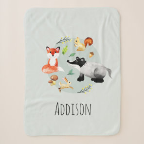Boys Cute Forest Animals Badger & Fox Name Kids Sherpa Blanket