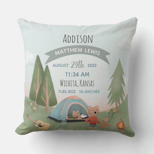 Boys Cute Forest Bear Birth Stats Baby Nursery Throw Pillow (Front)
