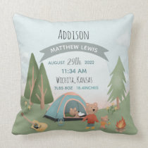 Boys Cute Forest Bear Birth Stats Baby Nursery Throw Pillow