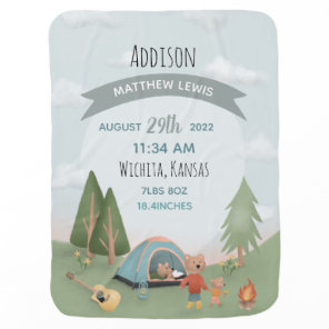 Boys Cute Forest Bear Camping Birth Stats & Name Baby Blanket