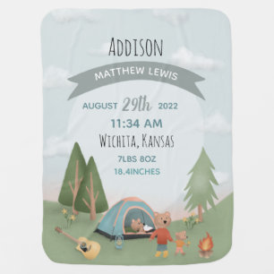 Boys Cute Forest Bear Camping Birth Stats & Name Baby Blanket