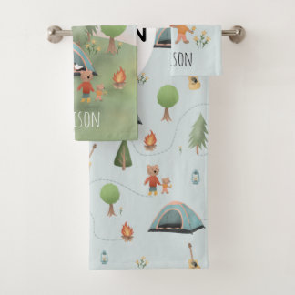 Boys Cute Forest Bears Camping Pattern & Name Kids Bath Towel Set