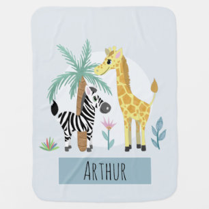 Boys Cute Giraffe and Zebra Safari & Name Baby Blanket
