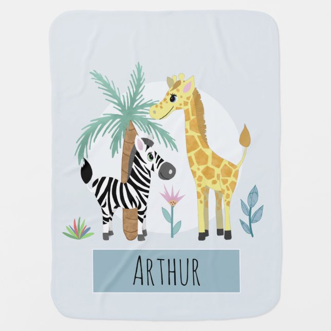 Boys Cute Giraffe and Zebra Safari & Name Baby Blanket (Front)