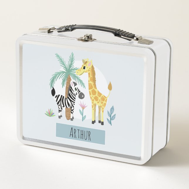 Boys Cute Giraffe and Zebra Safari Toddler Kids Metal Lunch Box (Front)