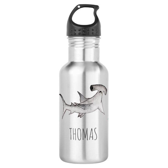 Boys Cute Gray Ocean Kids Hammerhead Shark School Stainless Steel Water Bottle (Front)