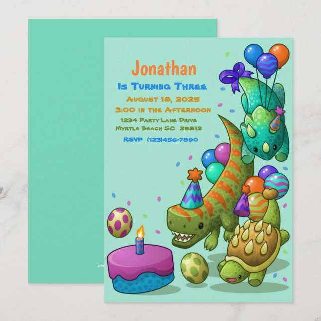 Boys Cute Green Dino Turtle Birthday Party   Invitation (Front/Back)