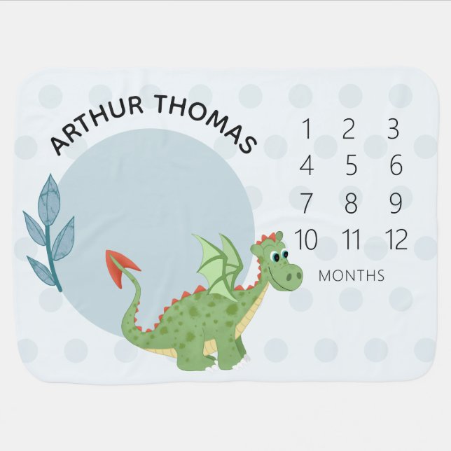 Boys Cute Green Dragon and Name Milestone Baby Blanket (Horizontal)