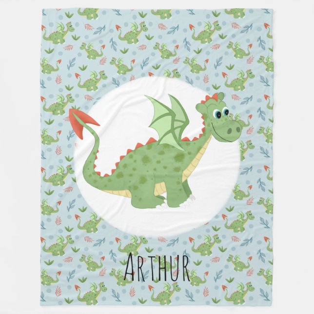 Boys Cute Green Dragon Cartoon Pattern & Name Kids Fleece Blanket (Front)