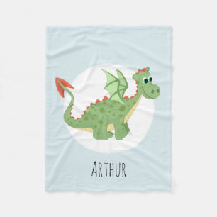 Boys Cute Green Dragon Cartoon with Name Kids Fleece Blanket