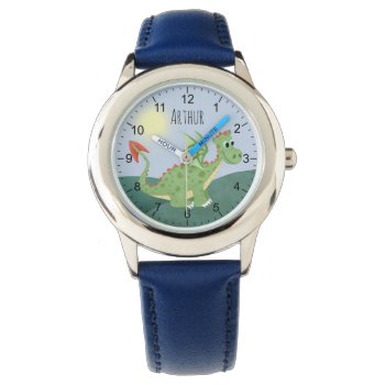 Boys Cute Green Dragon Cartoon With Name Kids Watch by Simply_Baby at Zazzle