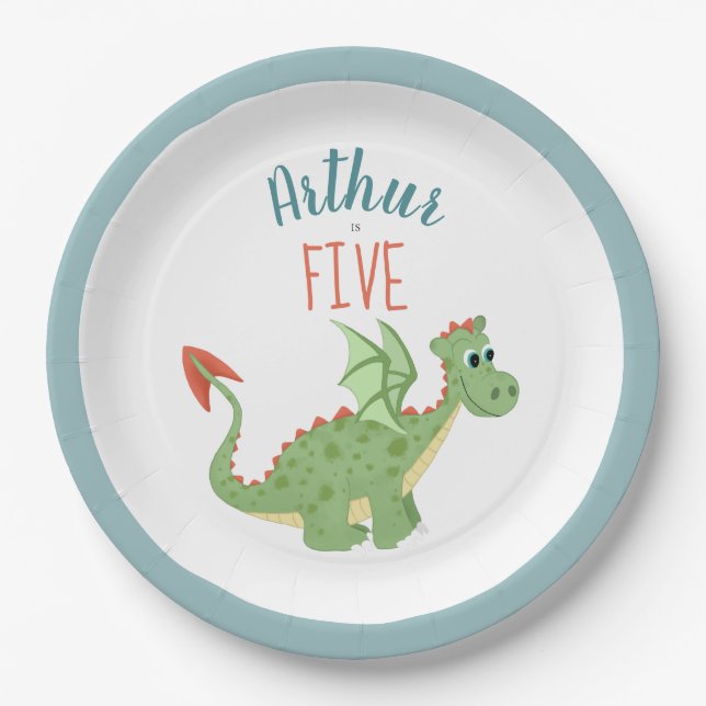 Boys Cute Green Dragon Kids Birthday Paper Plates (Front)