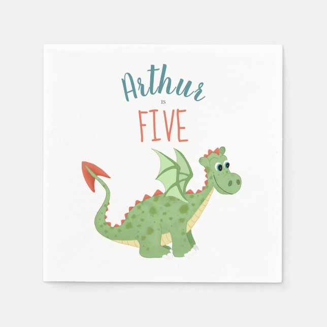 Boys Cute Green Dragon Toddler Birthday Napkins (Front)