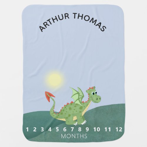 Boys Cute Green Dragon with Sky and Name Milestone Baby Blanket