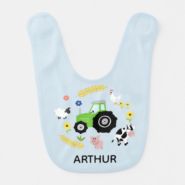 Boys Cute Green Farm Tractor and Animals   Baby Bib (Front)