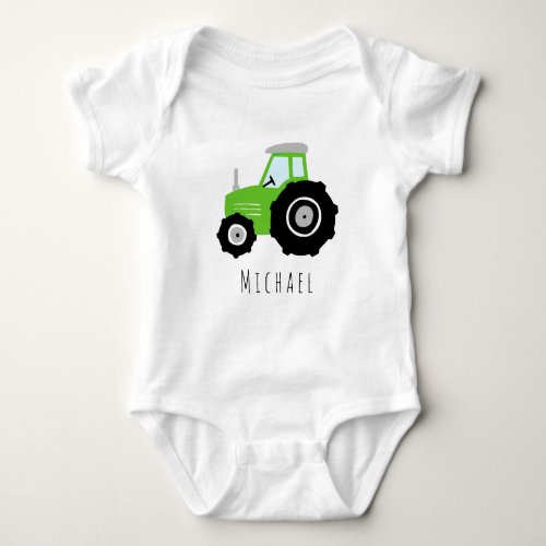 Boys Cute Green Farm Tractor and Name Baby Bodysuit