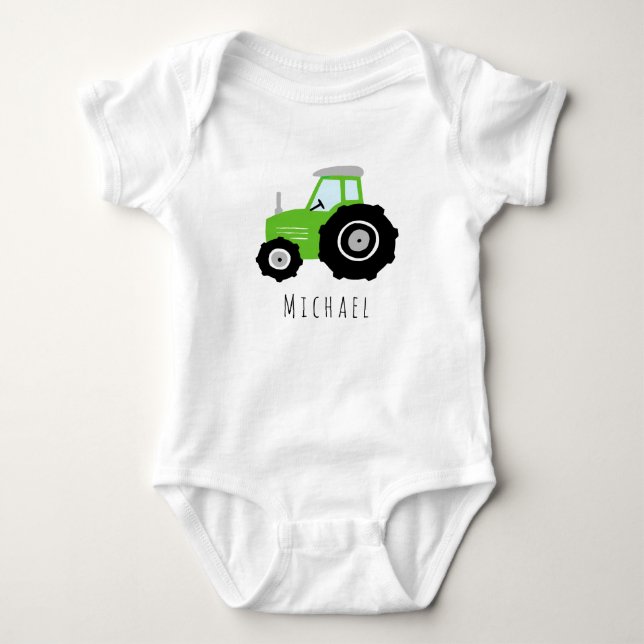 Boys Cute Green Farm Tractor and Name Baby Bodysuit (Front)