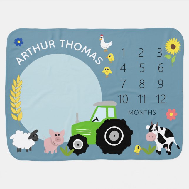 Boys Cute Green Farm Tractor and Name Milestone Baby Blanket (Horizontal)