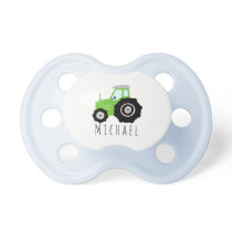 Boys Cute Green Farm Tractor and Name Pacifier